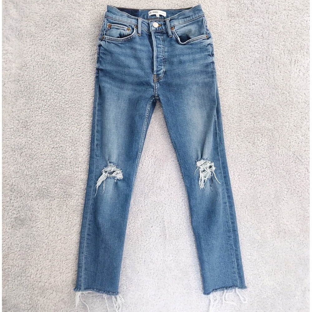 Re/Done Originals Skinny Ankle Jeans Women's 25 Blue Distressed Button Fly Denim